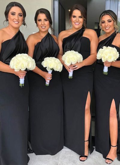 Column One-Shoulder Satin/Elastic Satin Bridesmaid Dresses With Split Front