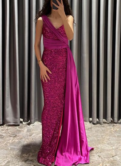 One-Shoulder Sparkly Sequined Prom Dresses With Sheath/Column