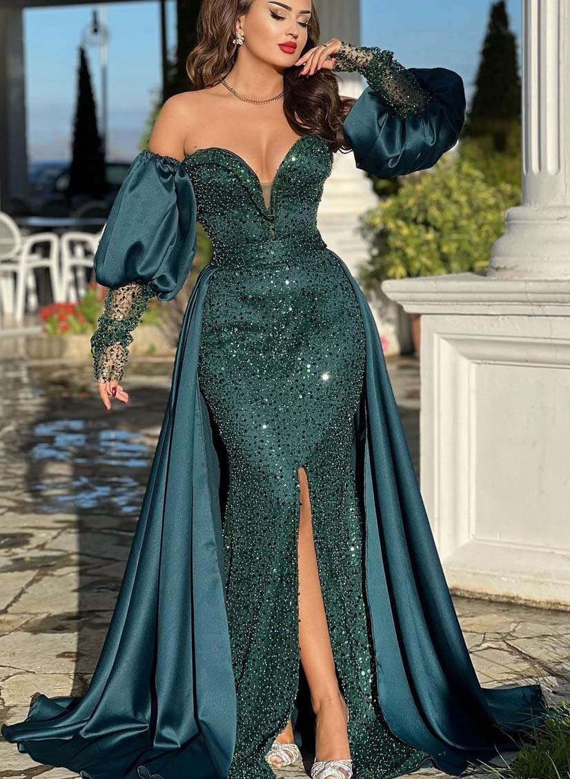 Detachable Sequined Sleeves Trumpet/Mermaid Prom Dresses