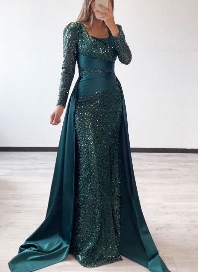 Square Neckline Long Sleeves Sequined Prom Dresses