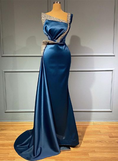 Sheath/Column One-Shoulder Sleeveless Satin Prom Dresses With Rhinestone