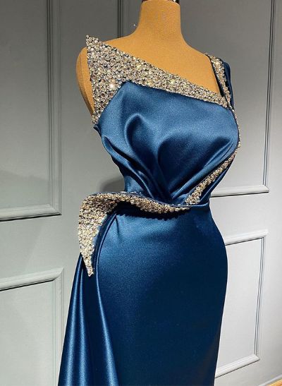 Sheath/Column One-Shoulder Sleeveless Satin Prom Dresses With Rhinestone