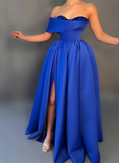 A-Line Off-The-Shoulder Sleeveless Sequined Prom Dresses With Split Front