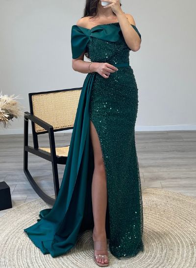 Sheath/Column Asymmetrical Sequined Prom Dresses With Split Front