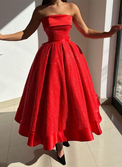 A-Line Strapless Sleeveless Ankle-Length Sequined Prom Dresses With Bow(s)