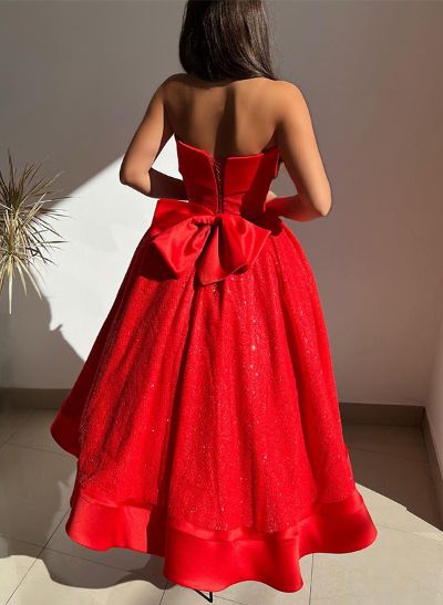 A-Line Strapless Sleeveless Ankle-Length Sequined Prom Dresses With Bow(s)