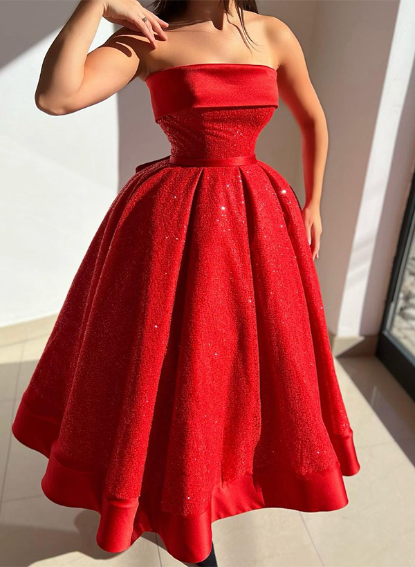 A-Line Strapless Sleeveless Ankle-Length Sequined Prom Dresses With Bow(s)