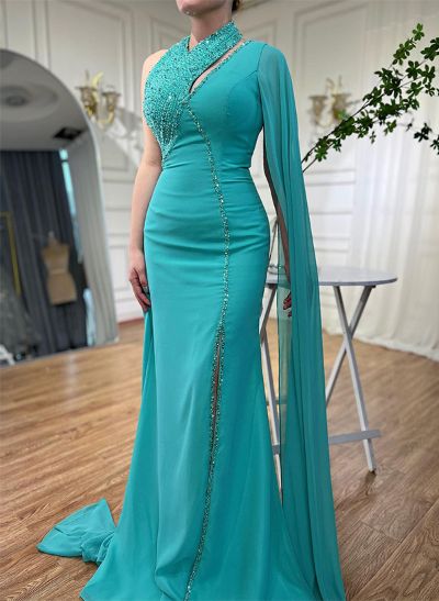 Sheath/Column Halter Sleeveless Jersey Prom Dresses With Rhinestone
