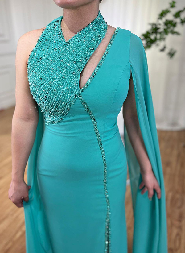 Sheath/Column Halter Sleeveless Jersey Prom Dresses With Rhinestone