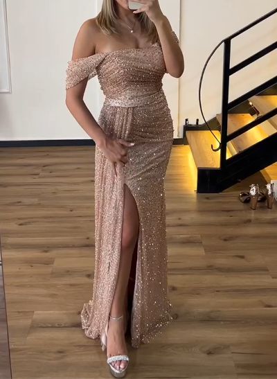 Sheath/Column Off-The-Shoulder Sequined Prom Dresses With Split Front