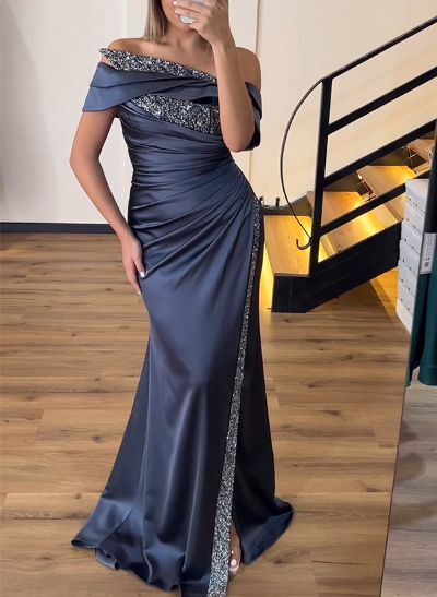 Sheath/Column Off-The-Shoulder Sleeveless Acetate Satin Prom Dresses With Rhinestone