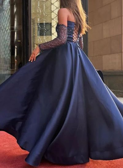 A-Line Strapless Long Sleeves Floor-Length Sequined Prom Dresses