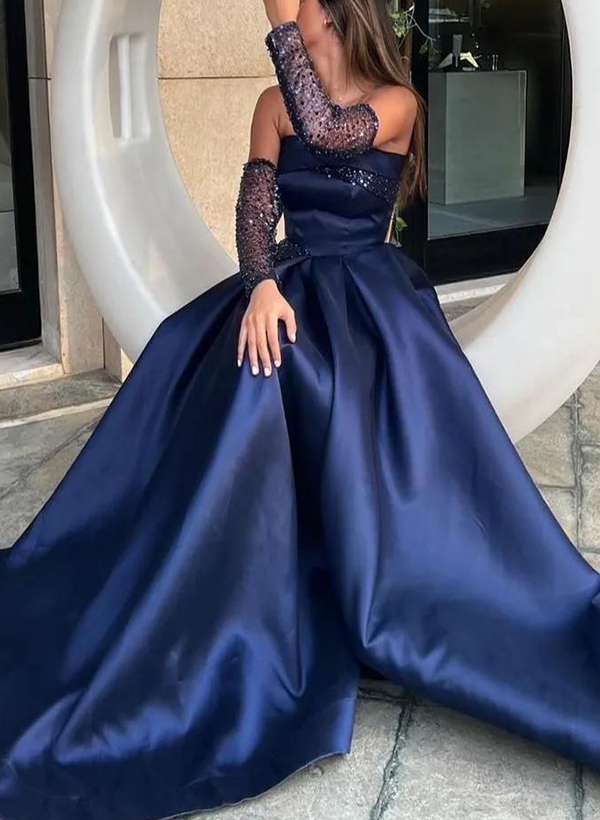 A-Line Strapless Long Sleeves Floor-Length Sequined Prom Dresses