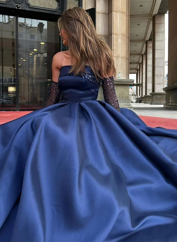 A-Line Strapless Long Sleeves Floor-Length Sequined Prom Dresses