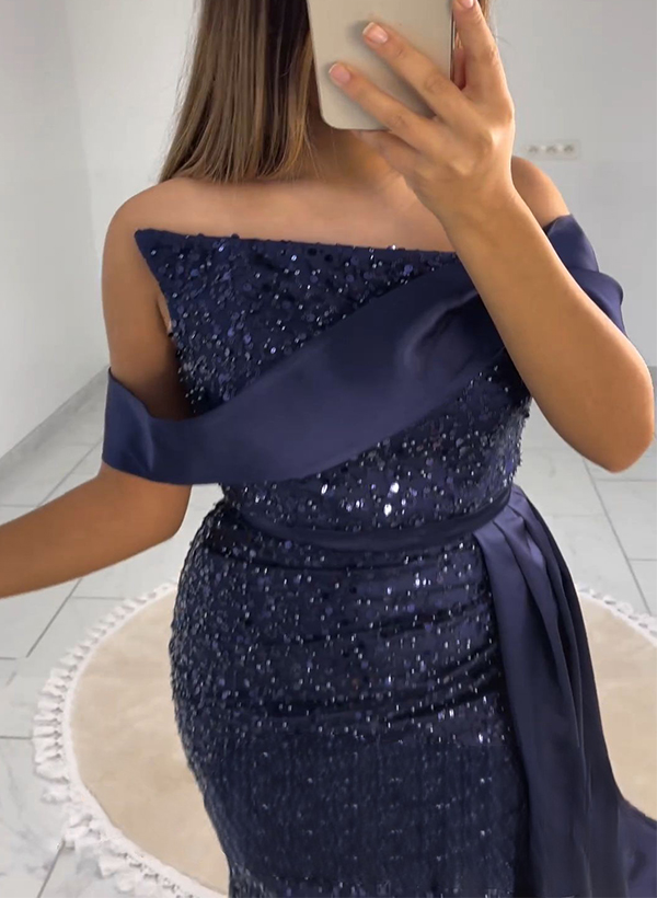 Sheath/Column Off-The-Shoulder Sleeveless Sweep Train Sequined Prom Dresses