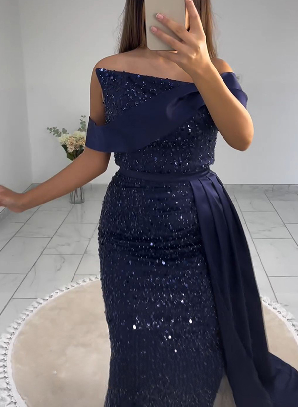 Sheath/Column Off-The-Shoulder Sleeveless Sweep Train Sequined Prom Dresses