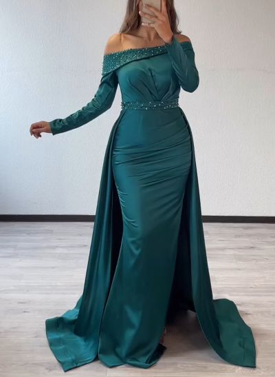 Long Sleeves Off-The-Shoulder Beading Prom Dresses