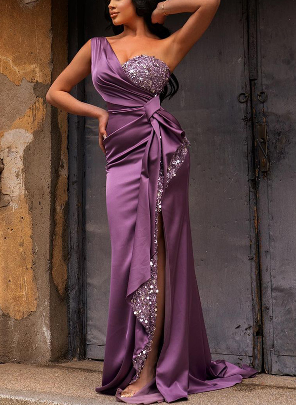 Sheath/Column One-Shoulder Sleeveless Charmeuse Bridesmaid Dresses With Split Front