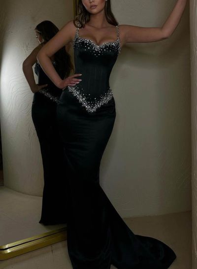 Sparkly Fitted Glitter Spaghetti Straps Trumpet Prom Dresses With Corset