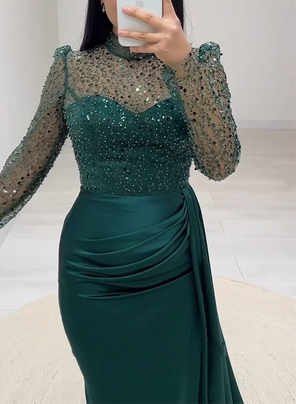 Sheath/Column Illusion Neck Long Sleeves Sequined Prom Dresses With Split Front