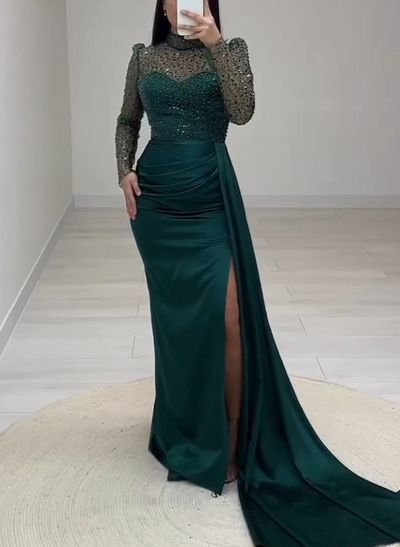Sheath/Column Illusion Neck Long Sleeves Sequined Prom Dresses With Split Front