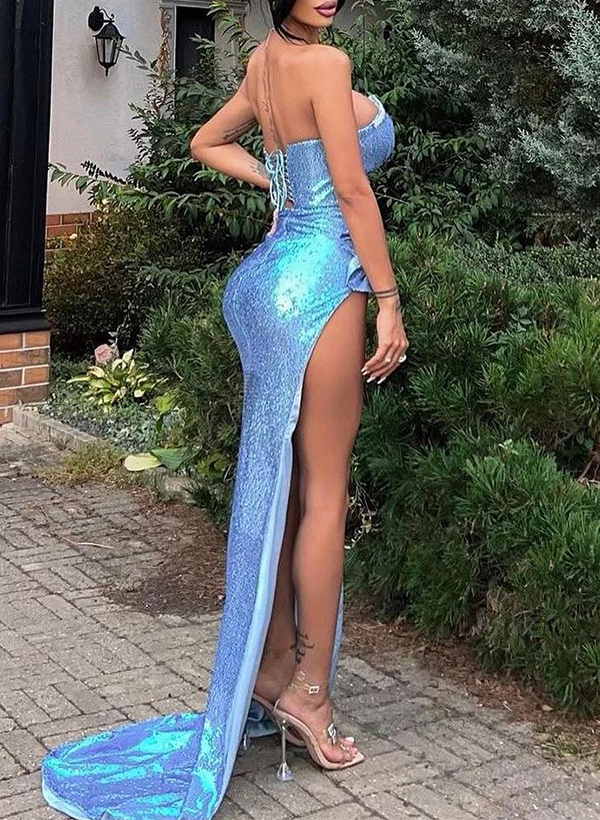 Sheath/Column Strapless Sleeveless Sequined Prom Dresses With Split Front