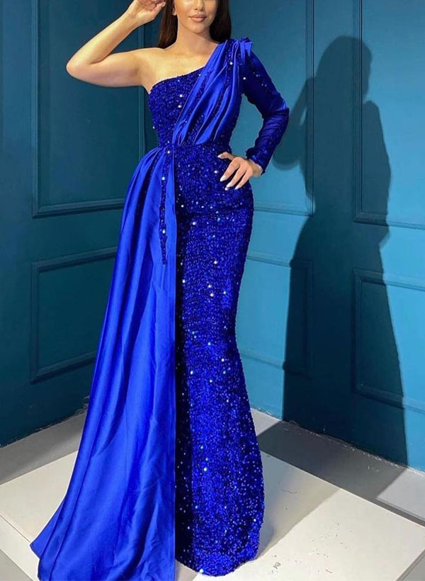 Sheath/Column One-Shoulder Long Sleeves Velvet Sequin Prom Dresses