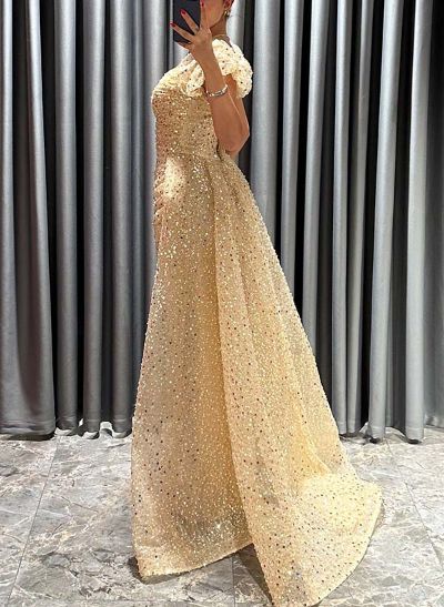 Sheath/Column V-Neck Short Sleeves Sweep Train Sequined Prom Dresses