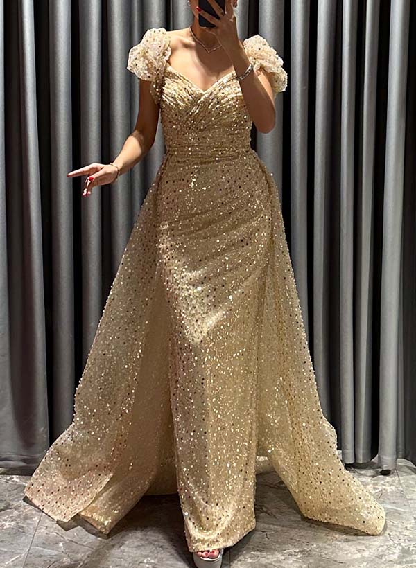 Sheath/Column V-Neck Short Sleeves Sweep Train Sequined Prom Dresses