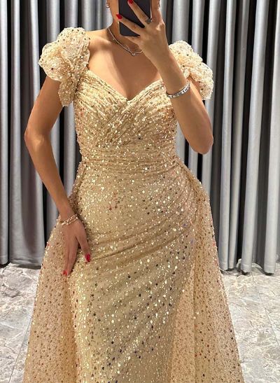 Sheath/Column V-Neck Short Sleeves Sweep Train Sequined Prom Dresses