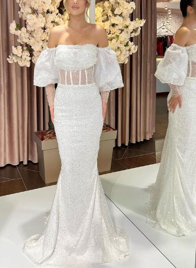 Trumpet/Mermaid Off-The-Shoulder Sweep Train Sequined Prom Dresses