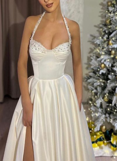 A-Line Halter Sleeveless Silk Like Satin Prom Dresses With Split Front