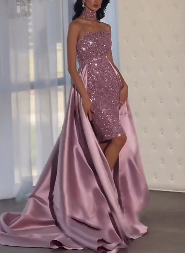 Sheath/Column Strapless Sleeveless Sweep Train Sequined Prom Dresses