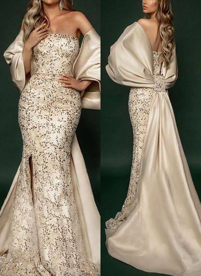 Trumpet/Mermaid Off-The-Shoulder Sequined Prom Dresses With Split Front