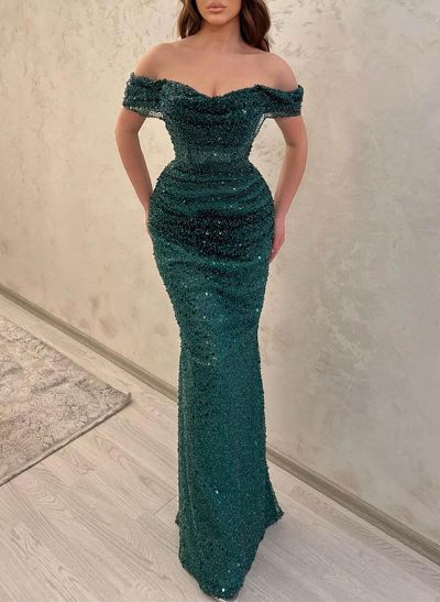 Sheath/Column Off-The-Shoulder Sleeveless Sequined Prom Dresses