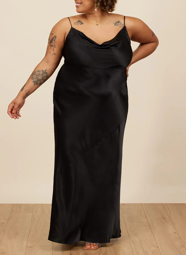 Sheath/Column Cowl Neck Sleeveless Silk Like Satin Floor-Length Bridesmaid Dress
