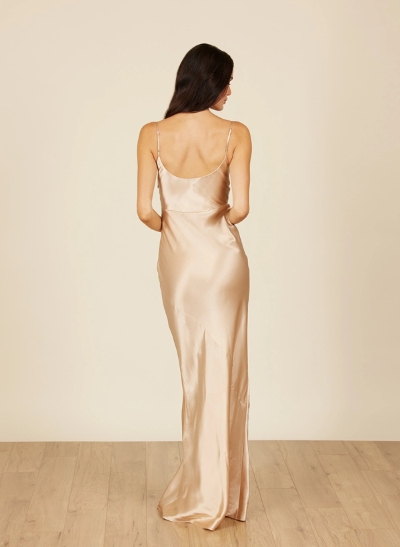 Sheath/Column Cowl Neck Sleeveless Silk Like Satin Floor-Length Bridesmaid Dress