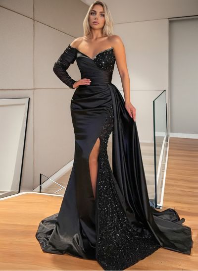 Sheath/Column One-Shoulder Long Sleeves Prom Dresses With Sequins