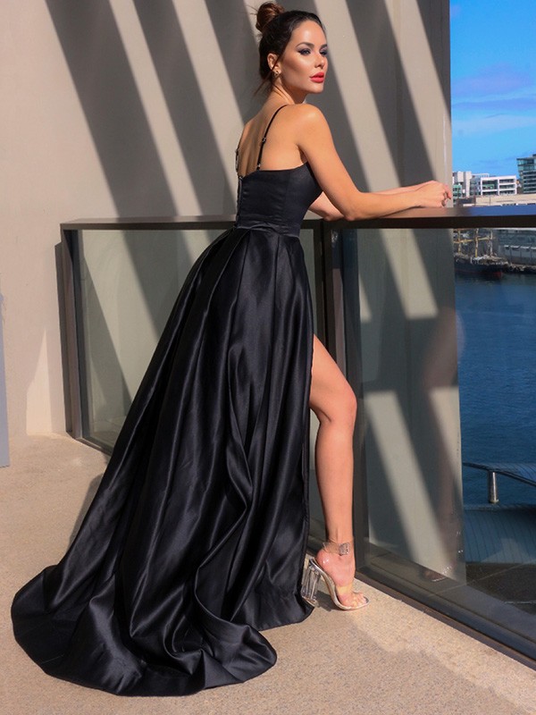 A-Line/Princess Sleeveless Satin  Sweep Train Prom Dress With Split Front