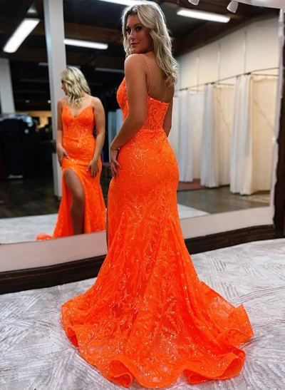 Sheath/Column V-Neck Sweep Train Lace Prom Dress With High Split