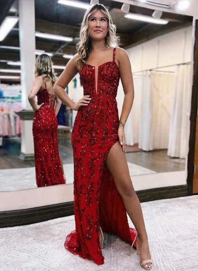 Sheath/Column Sweetheart Sweep Train Lace Prom Dress With Split Front