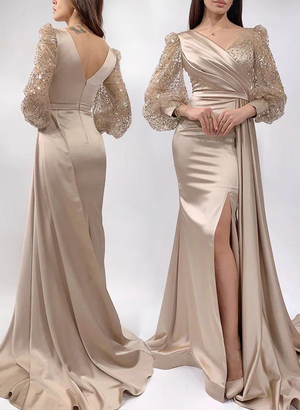 Sheath/Column V-Neck Sweep Train Silk Like Satin Prom Dress With Spilt Front