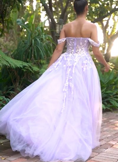 A-Line Off-The-Shoulder Sleeveless Tulle Floor-Length Prom Dress With Lace
