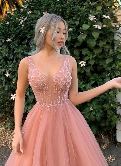 A-Line V-Neck Sleeveless Tulle Floor-Length Prom Dress