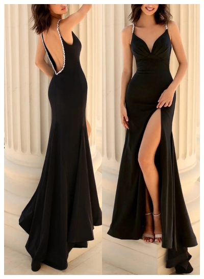 Sheath/Column V-Neck Elastic Satin Sweep Train Prom Dress With Rhinestone