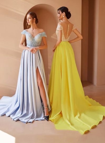 A-Line V-neck Sweep Train Chiffon Prom Dress With Split Front Lace