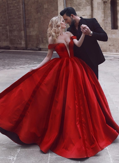 Ball-Gown Off-The-Shoulder Sweep Train Satin Prom Dress