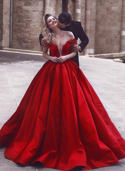 Ball-Gown Off-The-Shoulder Sweep Train Satin Prom Dress
