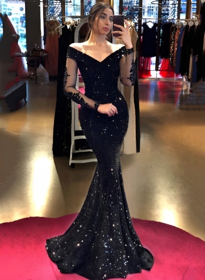 V Neck Mermaid Sequined Lace Prom Dresses With Long Sleeves