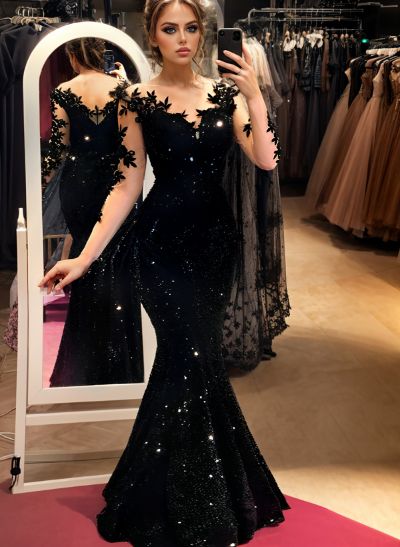 Trumpet/Mermaid Illusion Neck Long Sleeves Sweep Train Velvet Sequin Prom Dresses With Appliques Lace